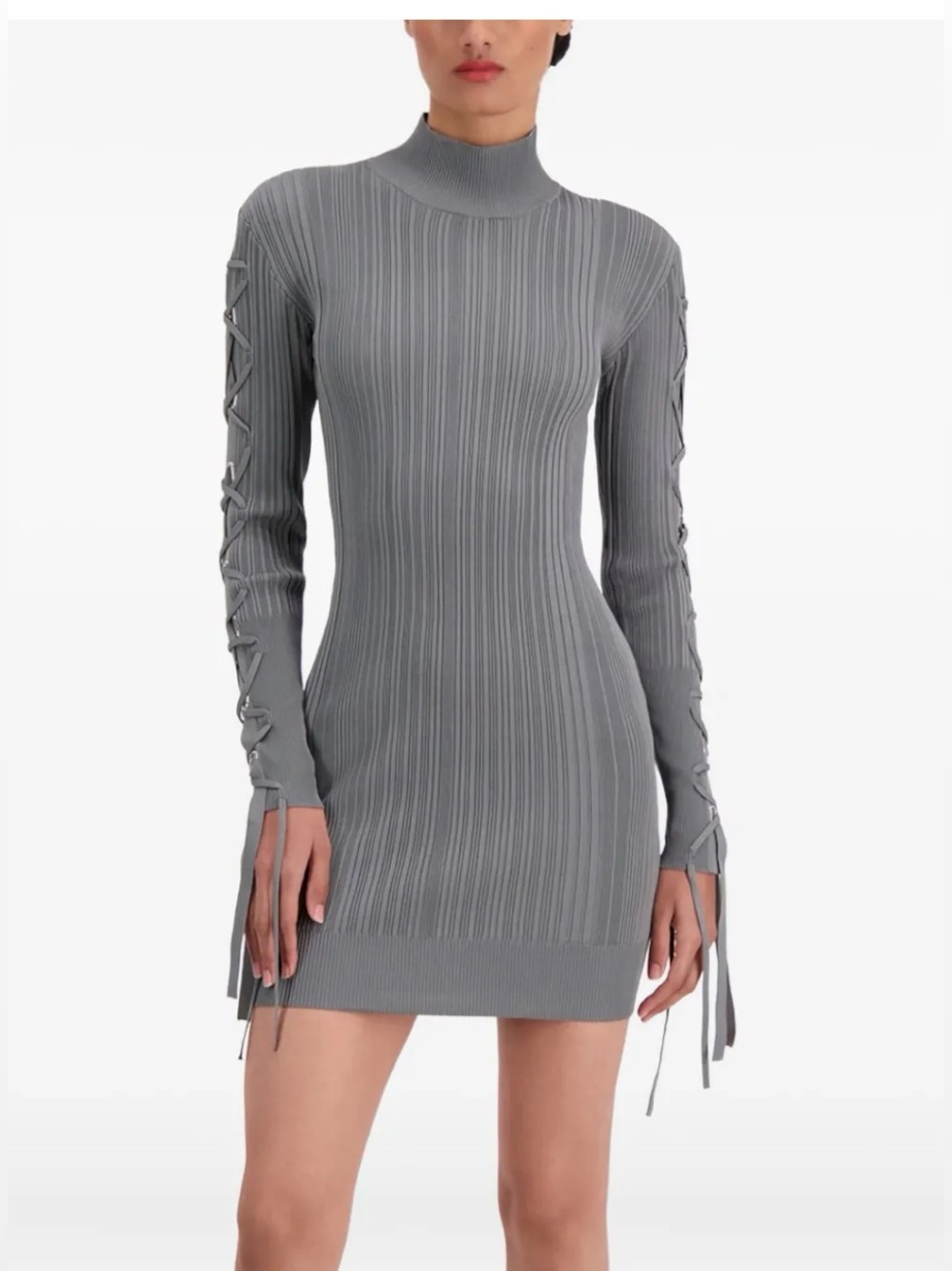 Hervé Léger ribbed tie-detail mini dress Stone $1,190 NWT